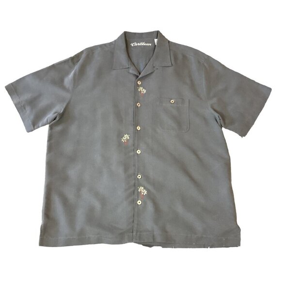 Caribbean Men's Casual Button Front Shirt XL Khaki Beige Embroidered Palms 288D - Picture 1 of 7